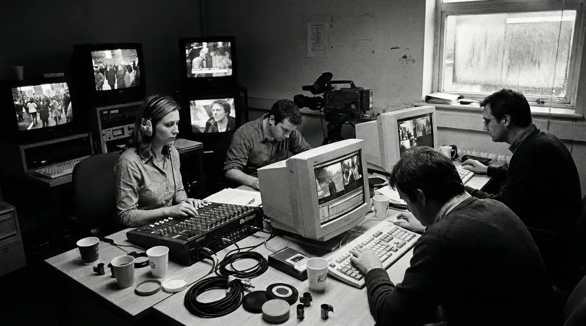 大象传媒编辑团队在剪辑室工作的纪实场景