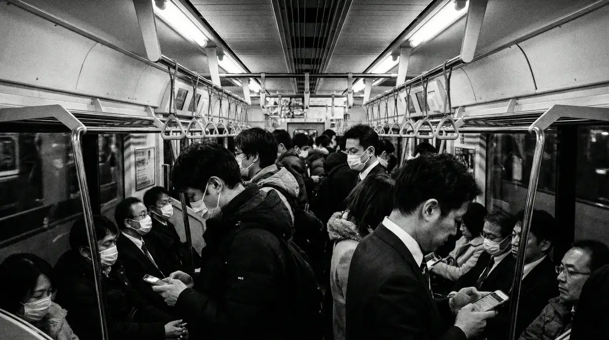 地铁车厢内乘客沉浸于手机屏幕的群像纪实